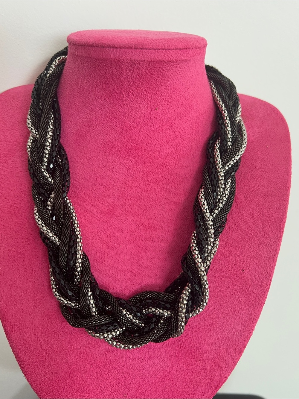 Braided Black and Silver Statement Necklace - Women Jewelry